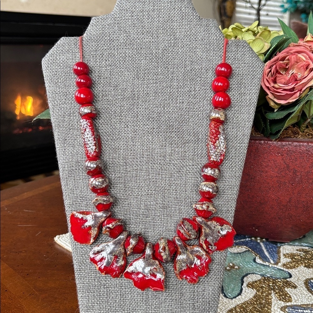 Vintage Red & Silver Tone Beaded Long Necklace Leather Cord Abstract Ceramic